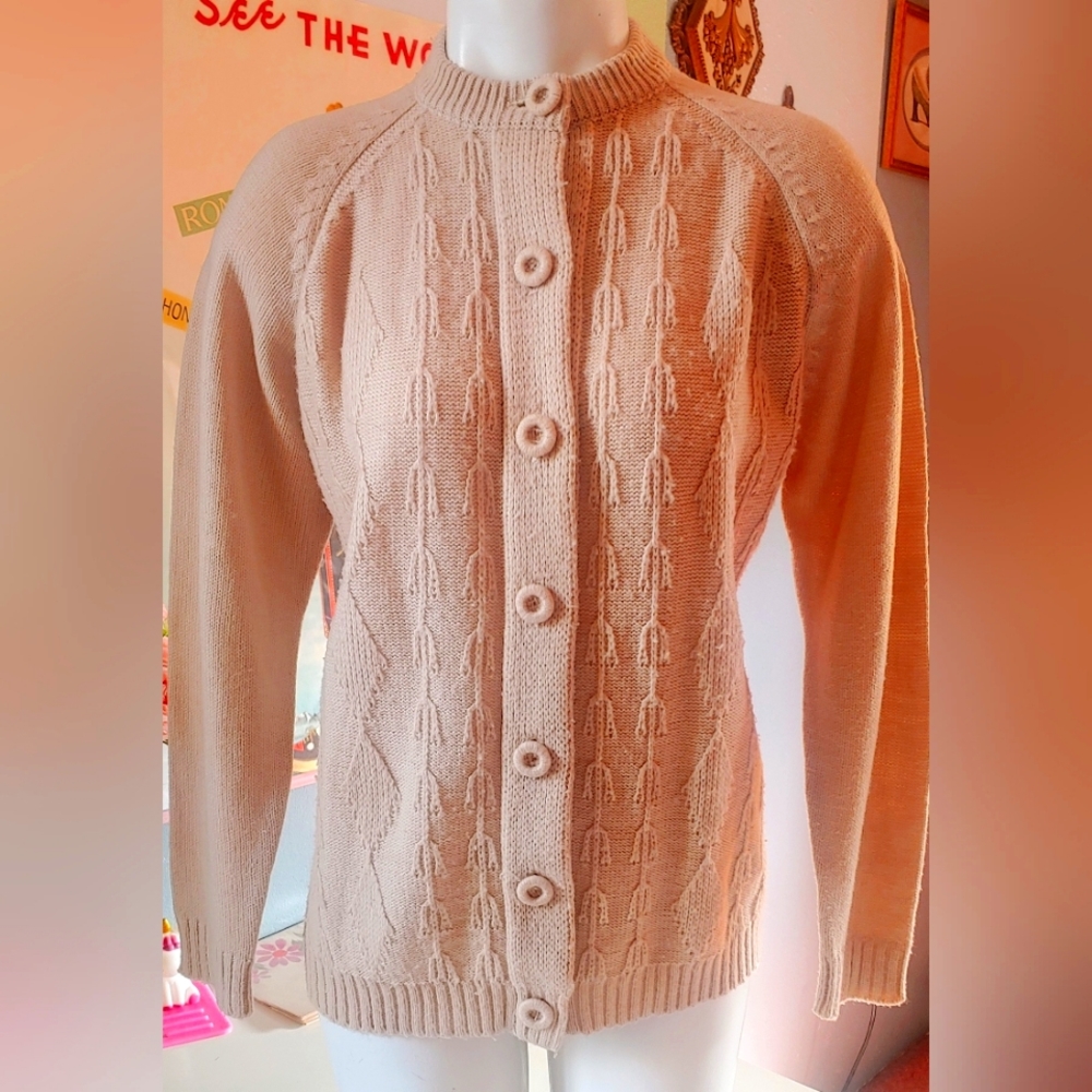 Vintage button up knitted brandy beige ladies sweater.